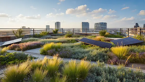 Toit plat végétalisé d'un immeuble avec des panneaux solaires